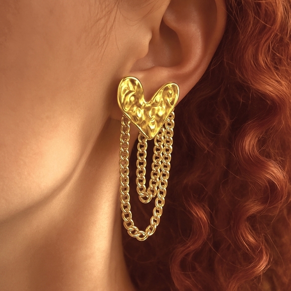 🆕️ 18K Gold Plated Heart Tassel Earrings 💖 Trendy Chain Statement Jewelry - Picture 1 of 13